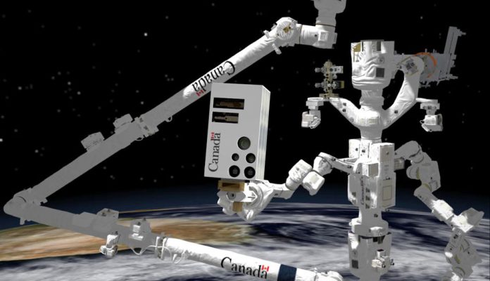 This computer-generated image shows Dextre (right) on the end of Canadarm2, holding an advanced vision system.