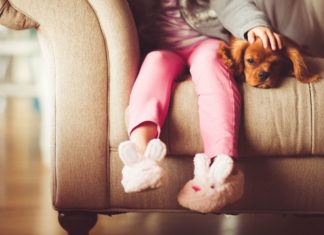 Child with dog on sofa