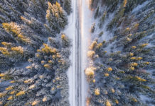 aerial view of snowy road