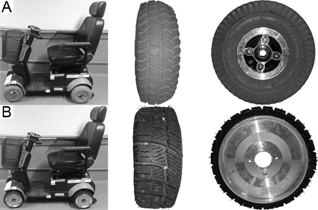 Photographs comparing the custom winter tires to regular tires on a mobility scooter.