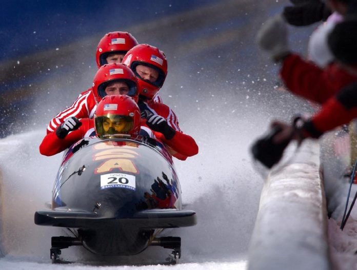 A bobsledding team at the Winter Olympics.
