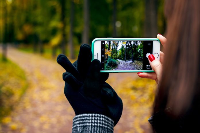 A woman taking a photo of a forest with her cell phone.